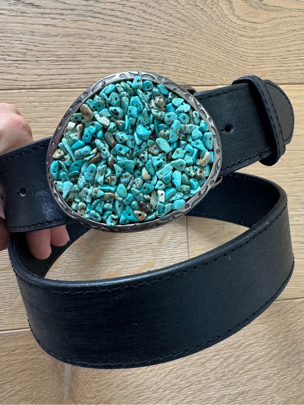 Women’s Turquoise Stone Inlay Western Belt Statement Silver Buckle Black